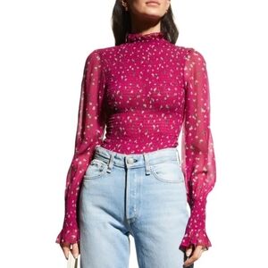 Rag & Bone NWOT Kayden Smocked Boho Blouse Vibrant Fuchsia Floral Ruffle S